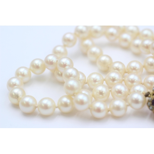 15 - 9ct Gold Amethyst & Seed Pearl Floral Cluster Cultured Pearl Single Strand Necklace (52.6g)