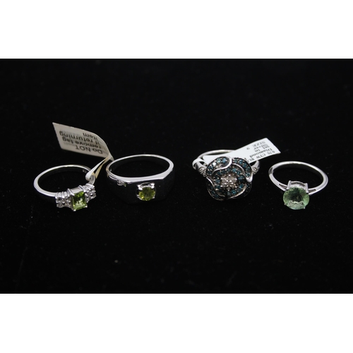 174 - Four Silver Gemstone Set Rings Including Tggc And Diamond Set (25g)