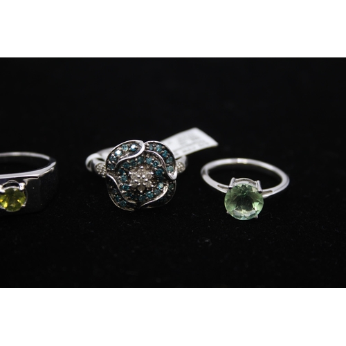 174 - Four Silver Gemstone Set Rings Including Tggc And Diamond Set (25g)