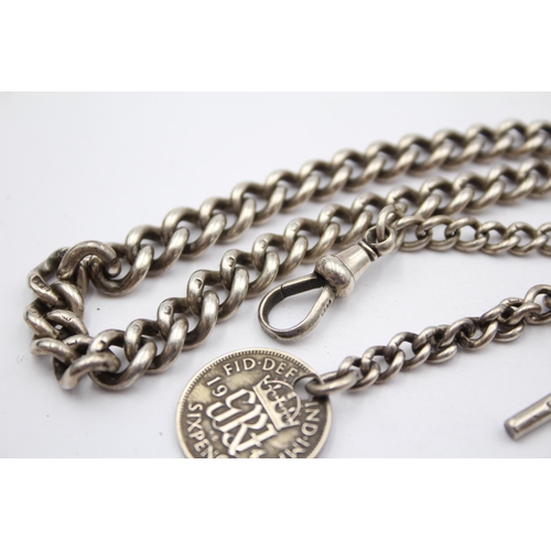 179 - A Silver Watch Chain With Coin Fob (44g)