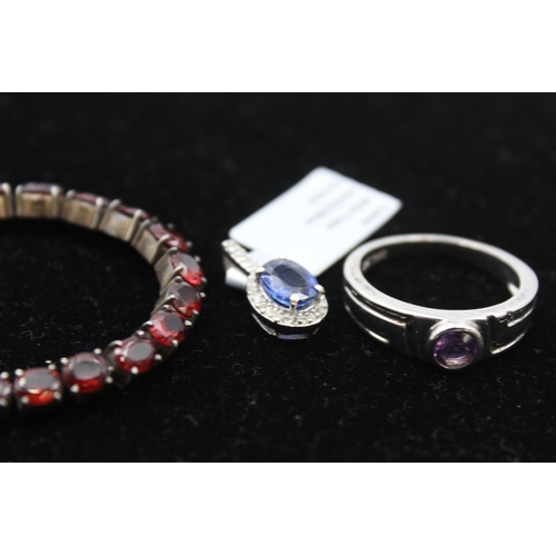 186 - Two Silver Gemstone Pendants, A Ring And Tennis Bracelet Including Tggc (28g)