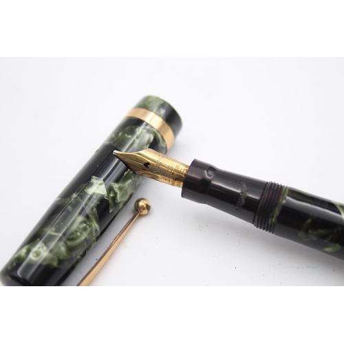 298 - Vintage MABIE TODD Swan Self Filler Green FOUNTAIN PEN w/ 14ct Gold Nib WRITING