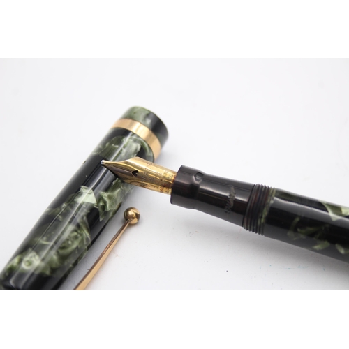 298 - Vintage MABIE TODD Swan Self Filler Green FOUNTAIN PEN w/ 14ct Gold Nib WRITING