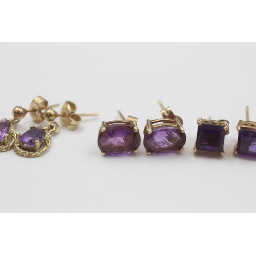 42 - 3 X 9ct Gold Amethyst Earrings (2.9g)