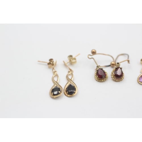 46 - 3 X 9ct Gold Sapphire, Garnet & Amethyst Drop Earrings (2.1g)