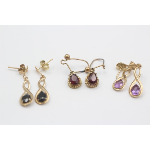 46 - 3 X 9ct Gold Sapphire, Garnet & Amethyst Drop Earrings (2.1g)