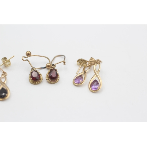 46 - 3 X 9ct Gold Sapphire, Garnet & Amethyst Drop Earrings (2.1g)