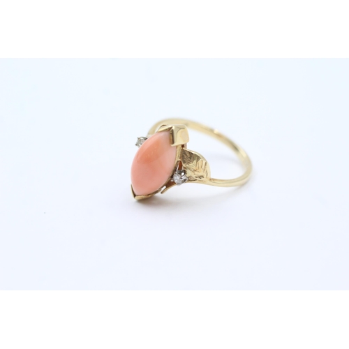 54 - 14ct Gold Pink Coral Single Stone Ring With Diamond Sides (3.1g) size  M