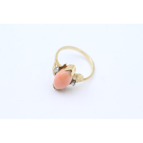 54 - 14ct Gold Pink Coral Single Stone Ring With Diamond Sides (3.1g) size  M