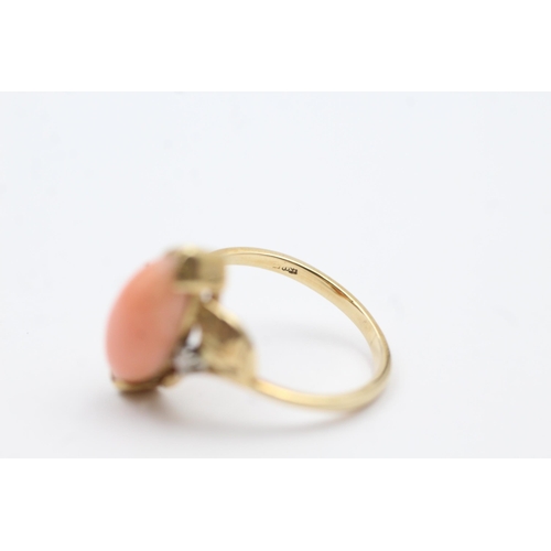 54 - 14ct Gold Pink Coral Single Stone Ring With Diamond Sides (3.1g) size  M