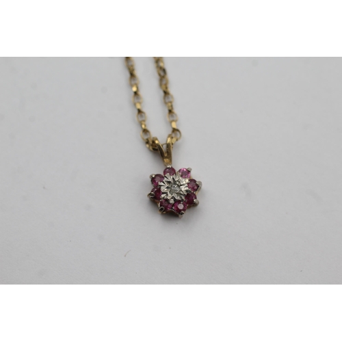 56 - 9ct Gold Diamond & Ruby Floral Cluster Pendant Necklace (2.7g)