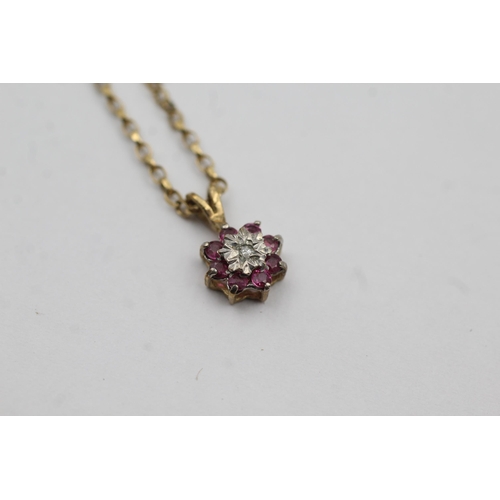 56 - 9ct Gold Diamond & Ruby Floral Cluster Pendant Necklace (2.7g)