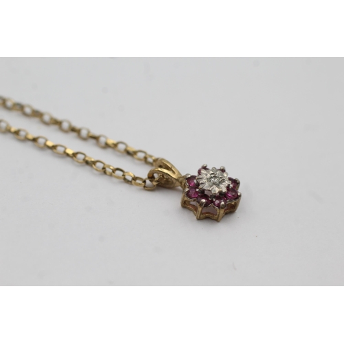 56 - 9ct Gold Diamond & Ruby Floral Cluster Pendant Necklace (2.7g)