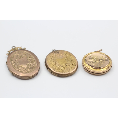 84 - 3 X 9ct Gold Back & Front Antique Locket Pendants With Swallow & Foliate Motif (13.8g)