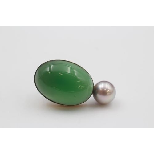 93 - 9ct Gold Chrysoprase & Cultured Pearl Drop Earrings (6.1g)