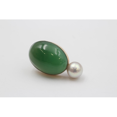 93 - 9ct Gold Chrysoprase & Cultured Pearl Drop Earrings (6.1g)