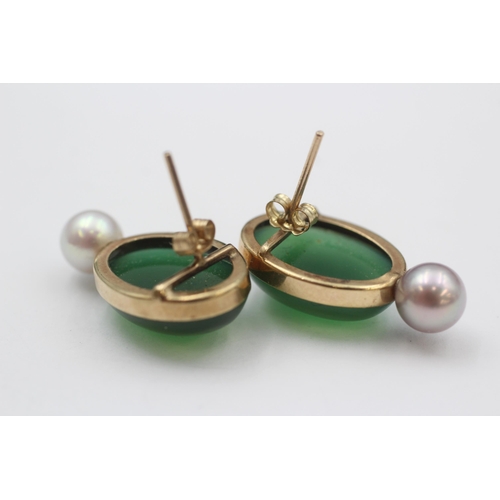 93 - 9ct Gold Chrysoprase & Cultured Pearl Drop Earrings (6.1g)