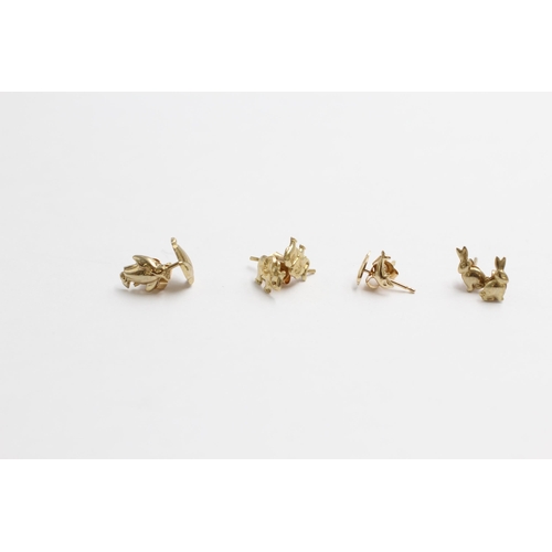 104 - 4 X 9ct Gold Animal Stud Earrings Inc. Elephant, Rabbit, Dolphin & Penguin (1.1g)