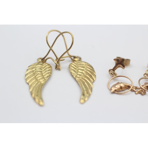 105 - 3 X 9ct Gold Drop Earrings Inc. Heart, Dolphin & Wing (1.9g)