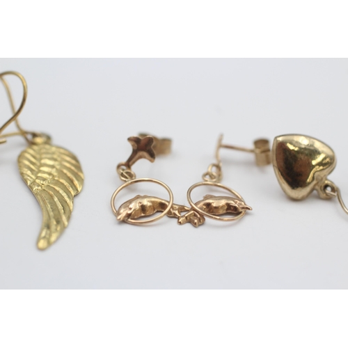 105 - 3 X 9ct Gold Drop Earrings Inc. Heart, Dolphin & Wing (1.9g)