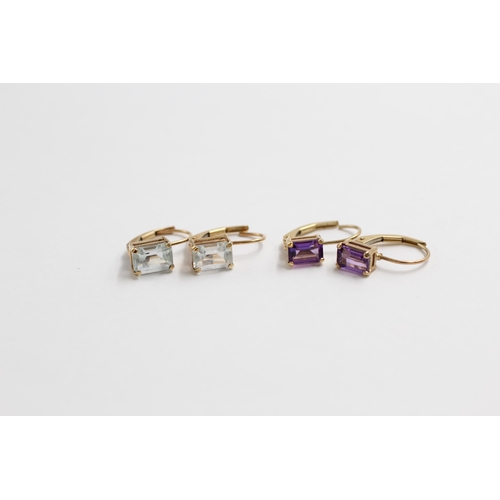 107 - 2 X 9ct Gold Aquamarine & Amethyst Earrings (2.6g)