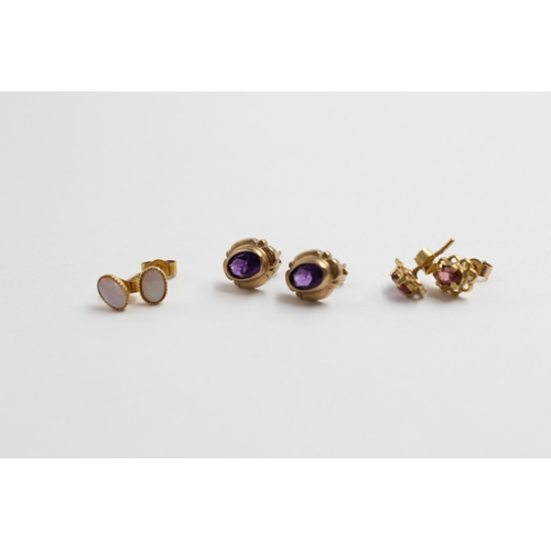 109 - 3 X 9ct Gold Opal, Amethyst & Pink Tourmaline Stud Earrings (3.5g)