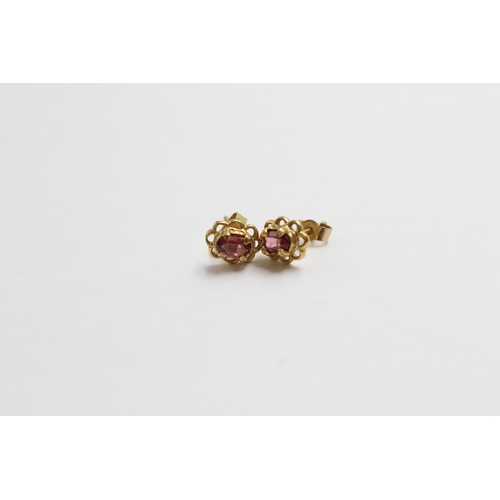 109 - 3 X 9ct Gold Opal, Amethyst & Pink Tourmaline Stud Earrings (3.5g)