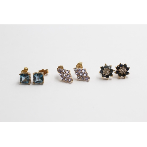 110 - 3 X 9ct Gold Gemstone Stud Earrings Inc. Diamond, Tanzanite, Topaz & Sapphire (4.5g)