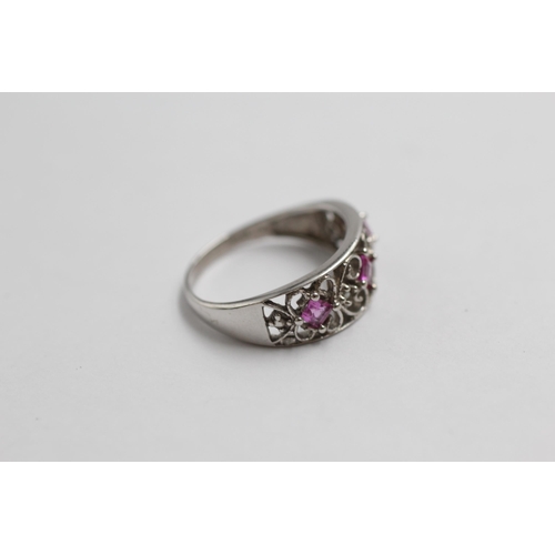 128 - 9ct White Gold Diamond & Pink Sapphire Openwork Dress Ring (2.1g) size L