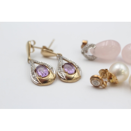 2 - 3 X 9ct Gold Gemstone Drop Earrings Inc. Diamond, Cultured Pearl, Rose Quartz & Amethyst (6.3g)