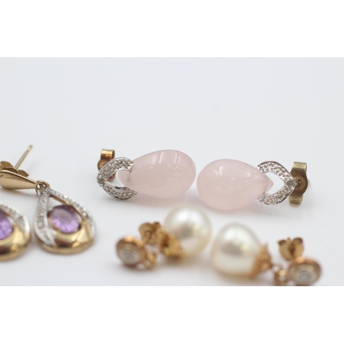 2 - 3 X 9ct Gold Gemstone Drop Earrings Inc. Diamond, Cultured Pearl, Rose Quartz & Amethyst (6.3g)