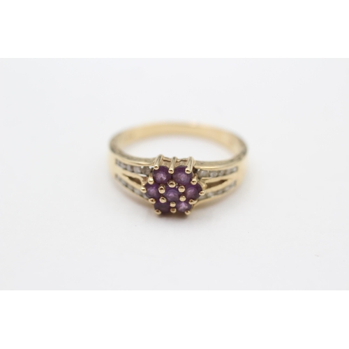 27 - 9ct Gold Amethyst Floral Cluster Ring With Diamond Split Shank (2.9g) size O