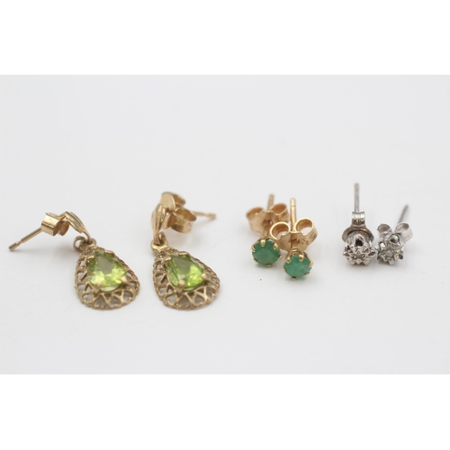 3 - 3 X 9ct Gold Diamond, Peridot & Emerald Earrings (2.6g)