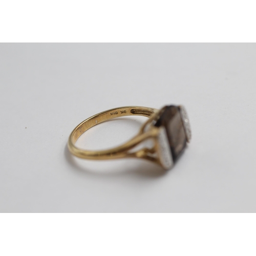 47 - 9ct Gold Smoky Quartz Single Stone Ring With Diamond Sides (3.2g) size P