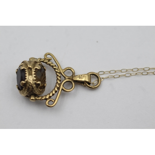 65 - 9ct Gold Garnet, Citrine & Smoky Quartz Swivel Pendant Necklace (3.4g)