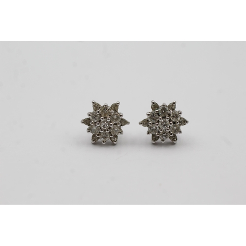 70 - 18ct White Gold Diamond Floral Cluster Earrings With 9ct Gold Backs (2g)