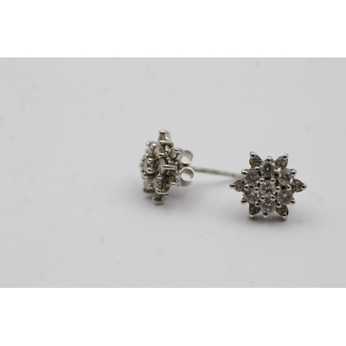 70 - 18ct White Gold Diamond Floral Cluster Earrings With 9ct Gold Backs (2g)