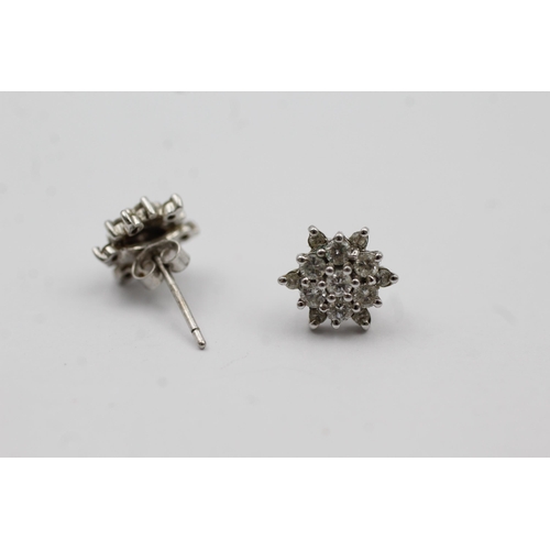 70 - 18ct White Gold Diamond Floral Cluster Earrings With 9ct Gold Backs (2g)