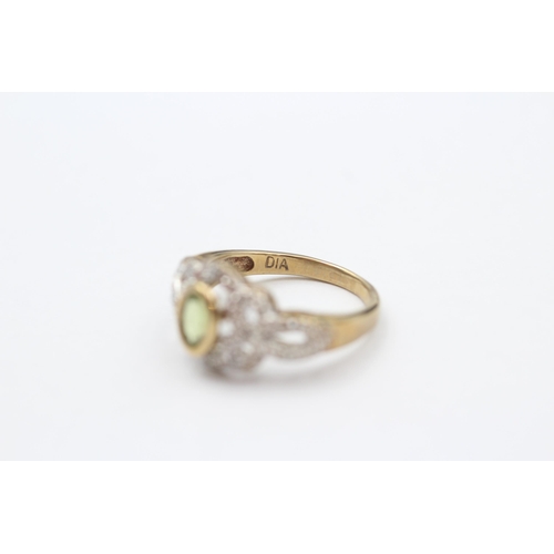 85 - 9ct Gold Peridot Single Stone Ring With Diamond Surrounds (2.3g) size J