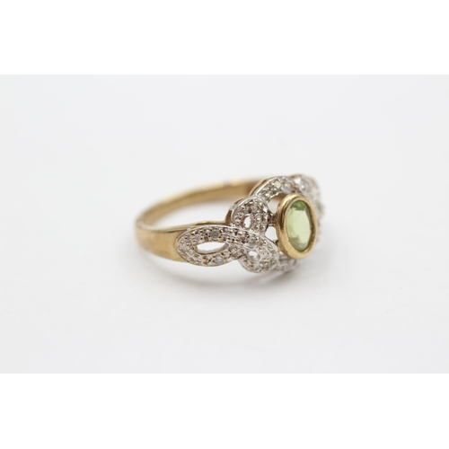 85 - 9ct Gold Peridot Single Stone Ring With Diamond Surrounds (2.3g) size J