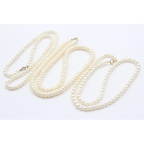 103 - 3 X 9ct Gold Clasped Pearl Single Strand Necklaces (48.2g)