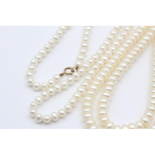 103 - 3 X 9ct Gold Clasped Pearl Single Strand Necklaces (48.2g)