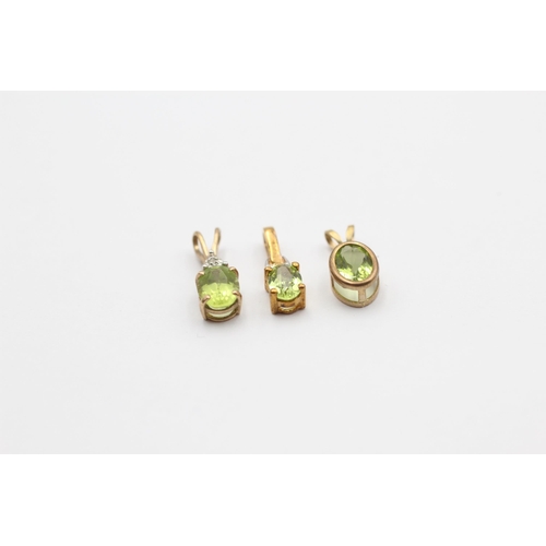 105 - 3 X 9ct Gold Peridot Pendants Inc. Diamond (1.5g)