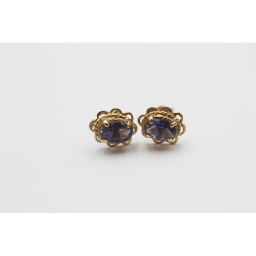 106 - 3 X 9ct Gold Paired Gemstone Stud Earrings Inc. Peridot, Amethyst & Tanzanite (2.2g)