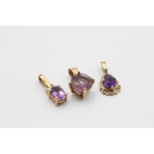 107 - 3 X 9ct Gold Amethyst Pendants Inc. Diamond (1.6g)