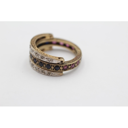 111 - 9ct White And Yellow Gold Diamond, Ruby And Sapphire Double Band Hinged Folding Ring (4.2g) size J