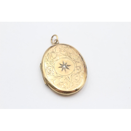 117 - 9ct Gold Back & Front Diamond Star Grain Set Paisley Etched Oval Locket Pendant (4.9g)