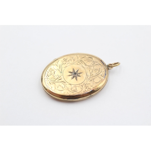 117 - 9ct Gold Back & Front Diamond Star Grain Set Paisley Etched Oval Locket Pendant (4.9g)