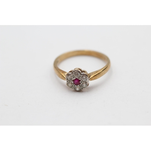 127 - 9ct Yellow And White Gold Ruby And White Paste Floral Cluster Dress Ring (2.7g) size P