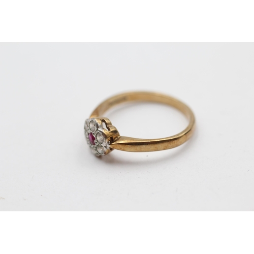 127 - 9ct Yellow And White Gold Ruby And White Paste Floral Cluster Dress Ring (2.7g) size P